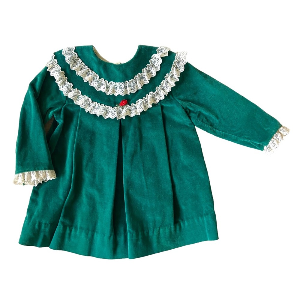 VINTAGE Dress Velour Skirt Long Sleeve Holiday Outfit Green Red Lace Cotton Soft